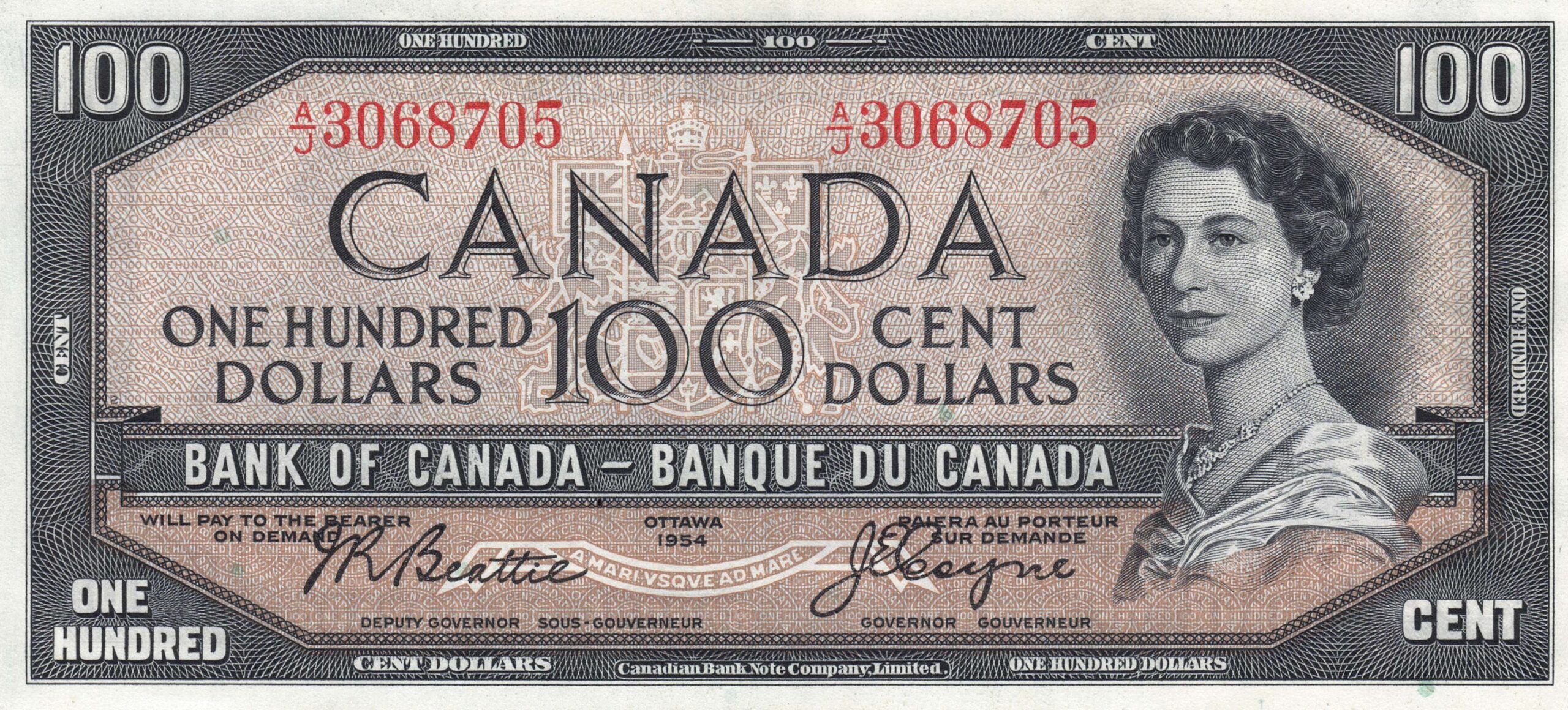 1954 Bank of Canada $100 BC-43a AU Banknote!!