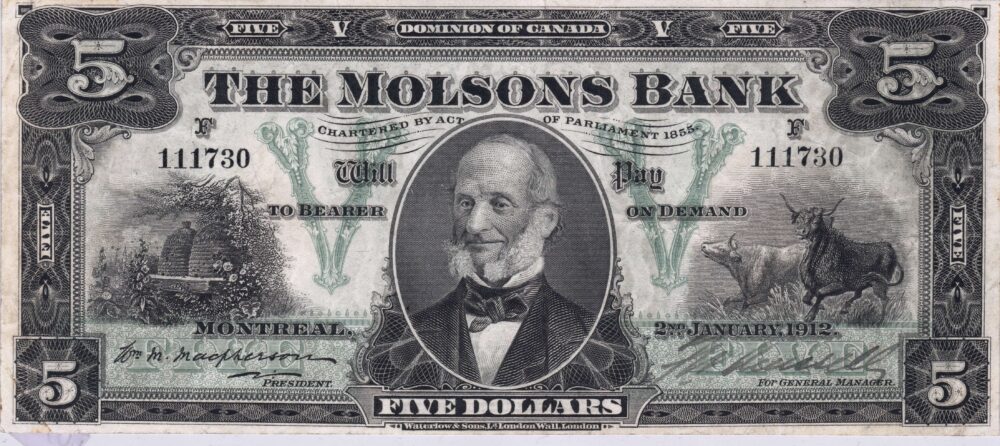 1912 The Molson Bank $5 dollar Bill!!! - Image 2