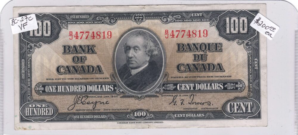 1937 Bank of Canada $100 Bc-27c VF Bill!!!! - Image 3