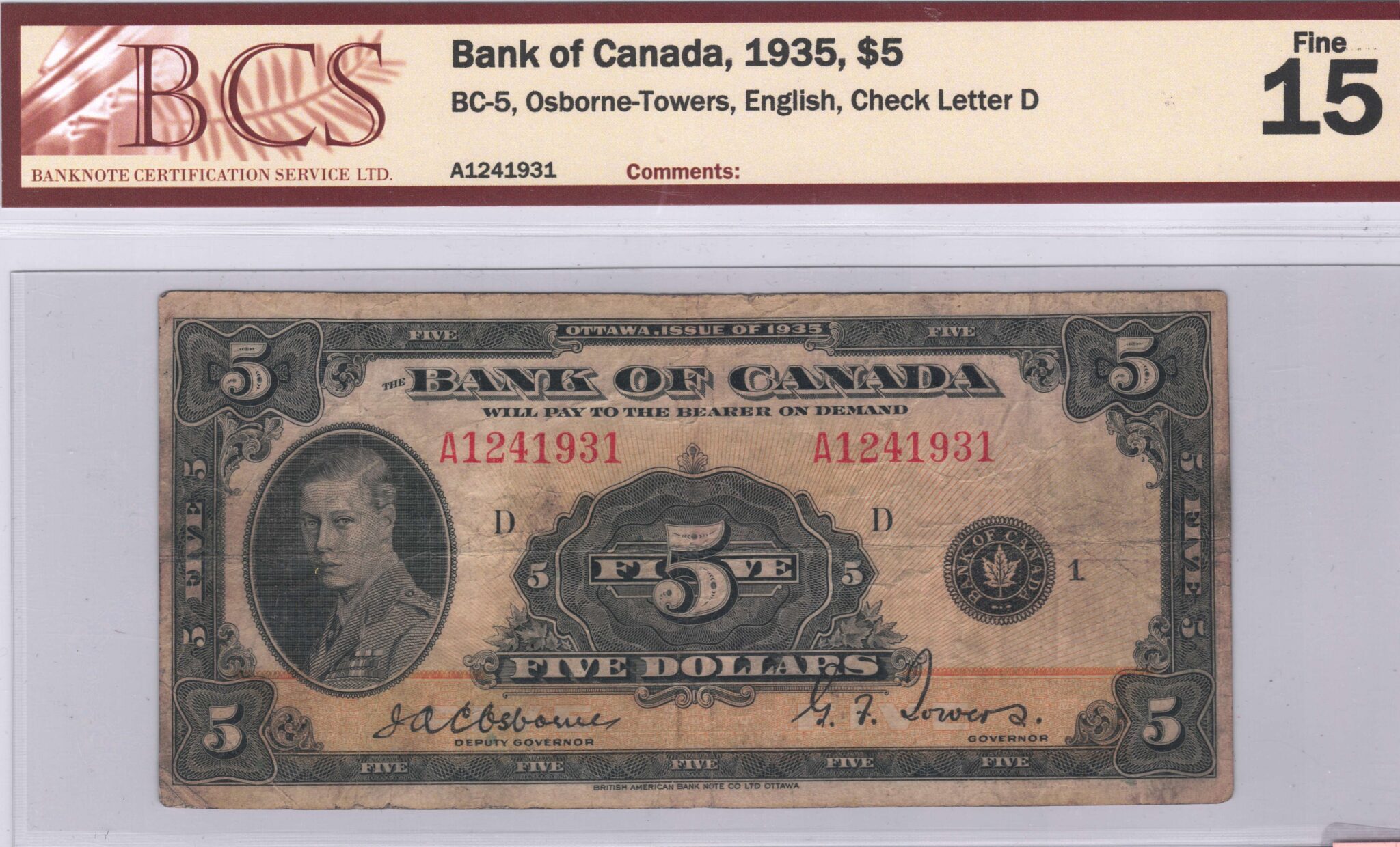 5 Chack 1935 Bank of Canada $5 BC-5 Check Letter D | B&W Coins