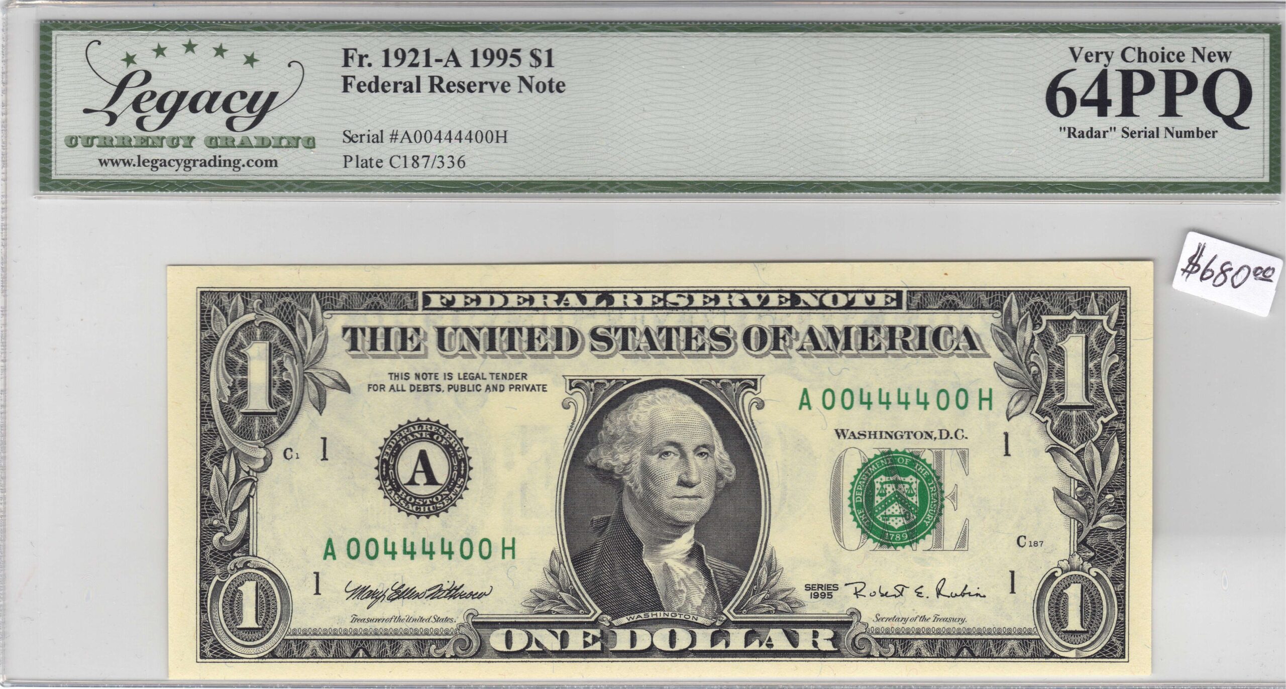 1995 $1 Federal Reserve Note – Legacy Grading 64 PPQ – Radar Serial Number