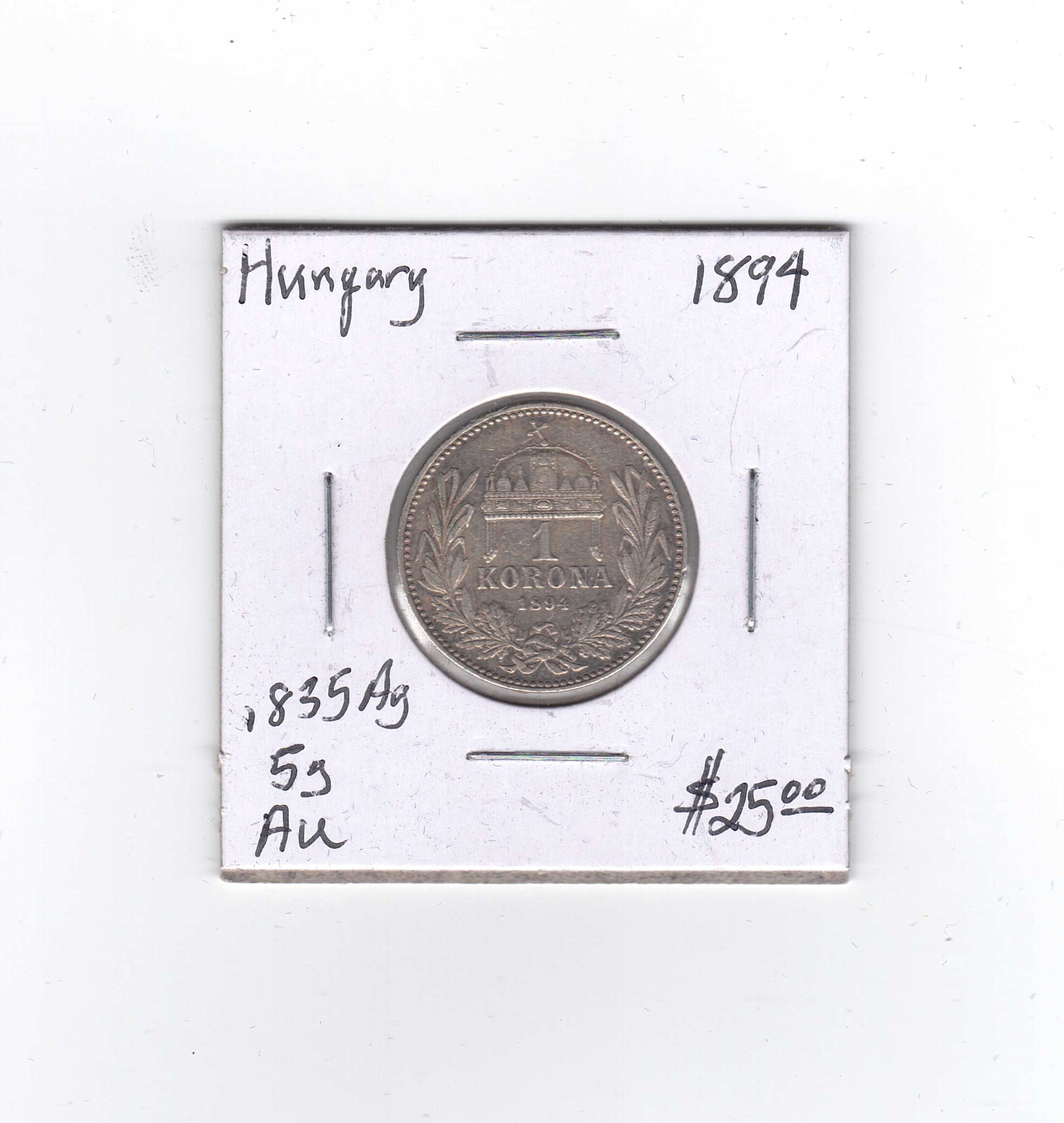 Hungary – 1894 1 Korona Silver Coin (.835 Ag) – AU Condition