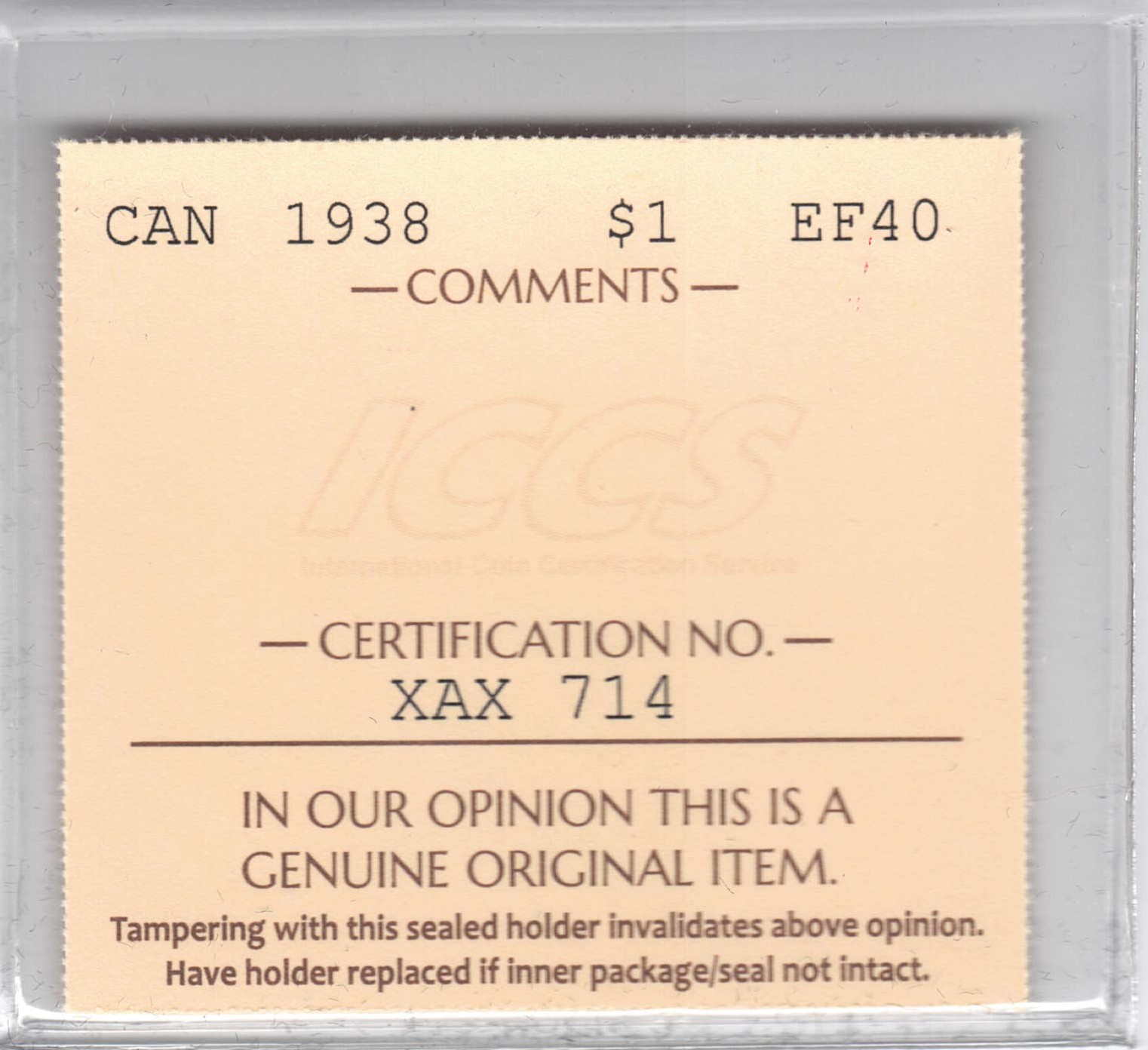 ICCS-Graded 1938 Canada Silver Dollar – EF-40 (Cert. #XAX 714) - Image 5