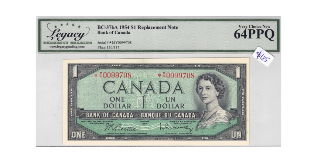 1954 Bank of Canada $1 Replacement Note - Legacy Grading 64 PPQ
