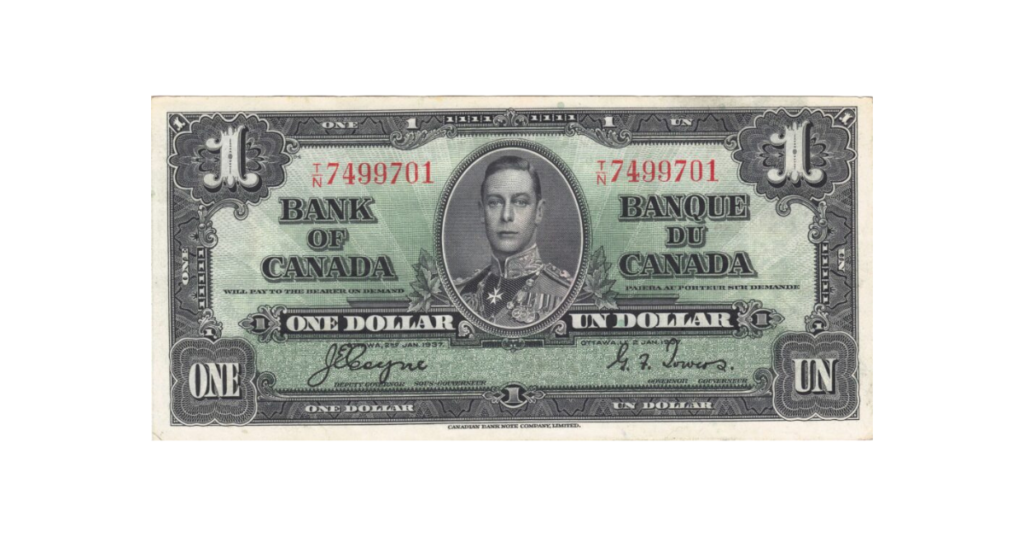 1937 Bank of Canada $1 BC-21d AU+ Banknote