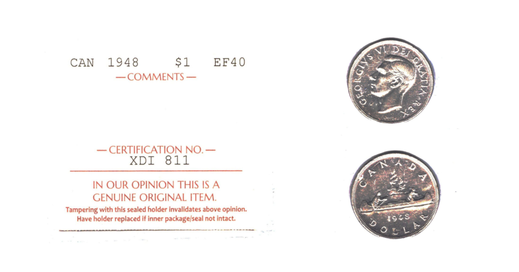 1948 ICCS Graded Canadian $1 EF-40 Silver Coin
