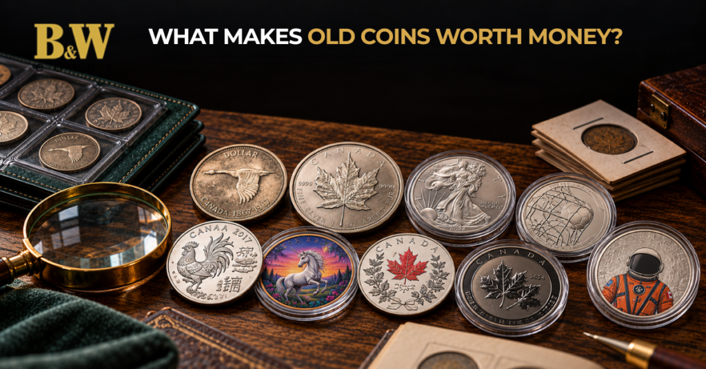 Old Canadian coins on a table showing what affects old Canadian coin values
